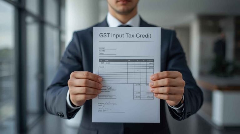 Businessperson holding an invoice labeled “GST Input Tax Credit”.